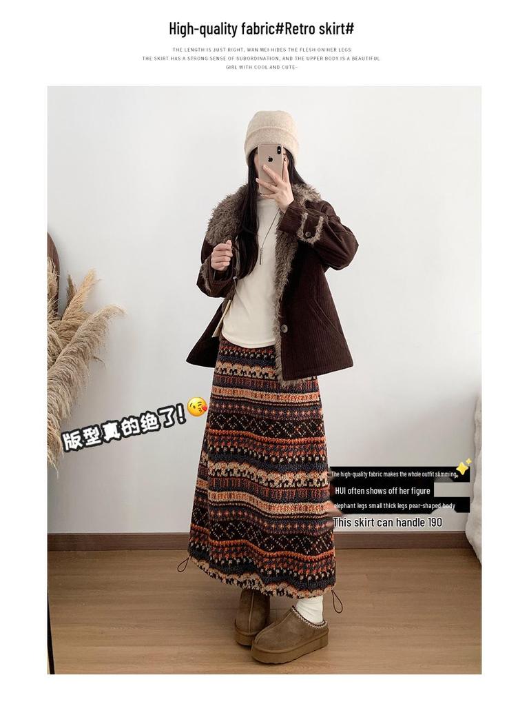 Retro Fair Isle Fleece Women's Mid-Length Lantern Skirt - Ethnic Style, Drawstring Hem, Two-Way Wear for Autumn/Winter