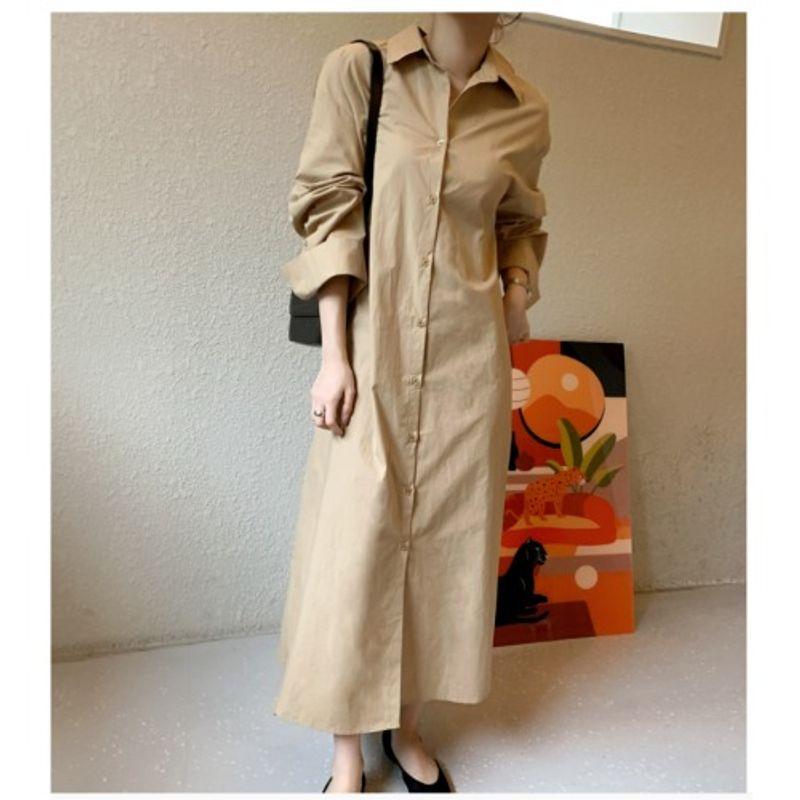 

Korean Style Plus size Chubby Girl Commuter Ol Single-Breasted Solid Loose Pocket Long sleeve dress Shirt Dress Women L-4XL Camel color XL