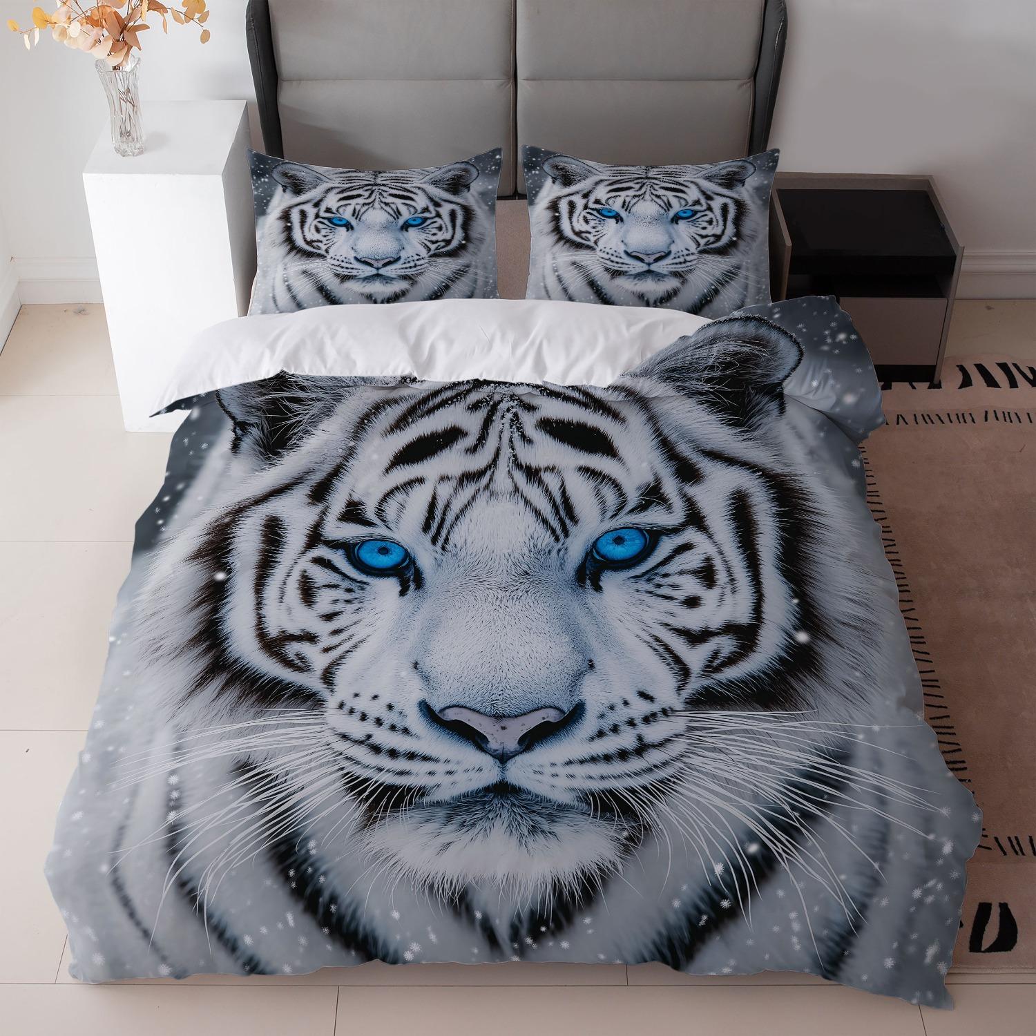 3Pcs Bedding Featuring A White Tiger Design - Duvet Cover With Blue-Eyed White Tiger And Two Pillowcases -For Bedroom Decor EU Twin(135x200cm)