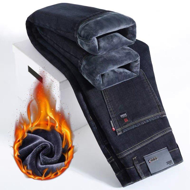 Autumn and Winter Fleece Thickened Jeans Loose Straight Pants Versatile Business Elastic Thermal Trousers