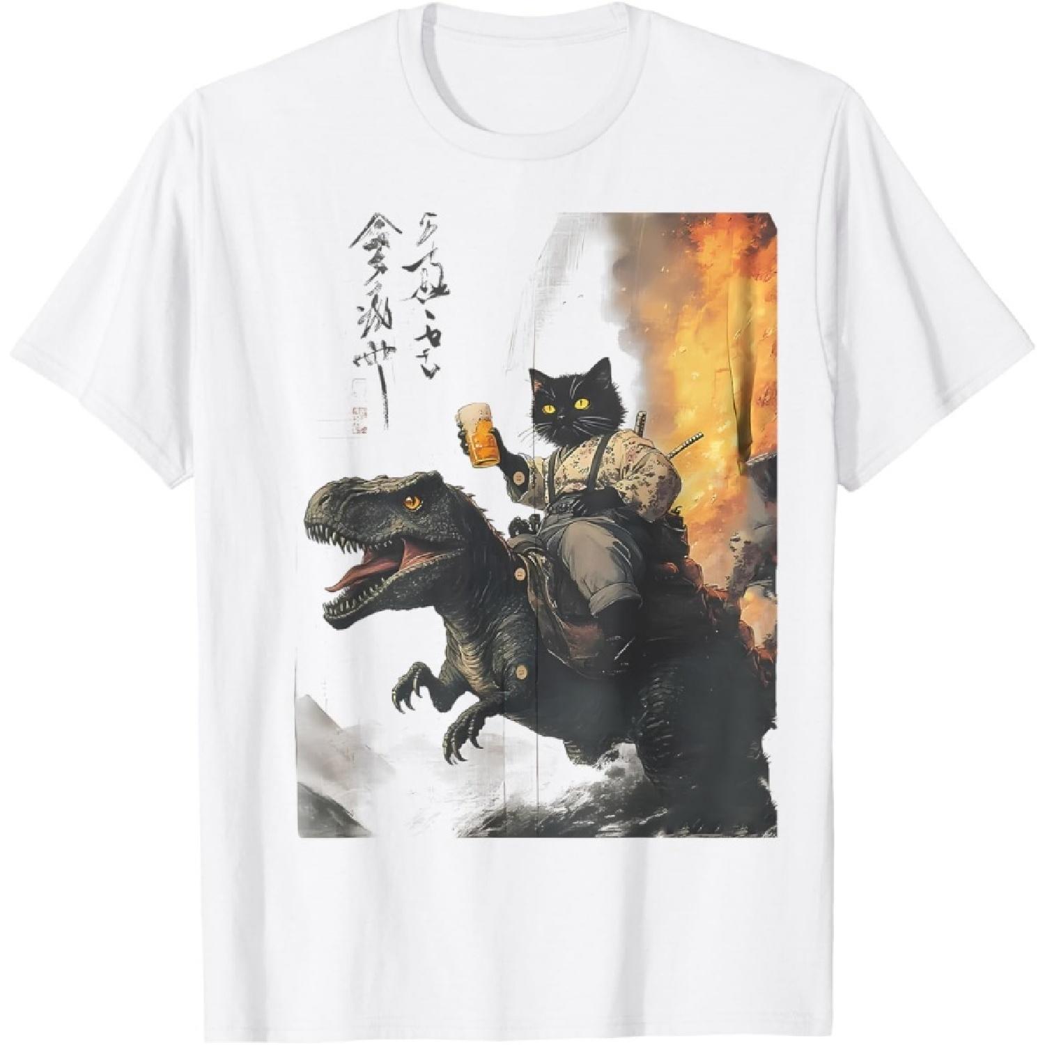 black cat samurai dinosaur sea wave print T-Shirt XXXXXL белый