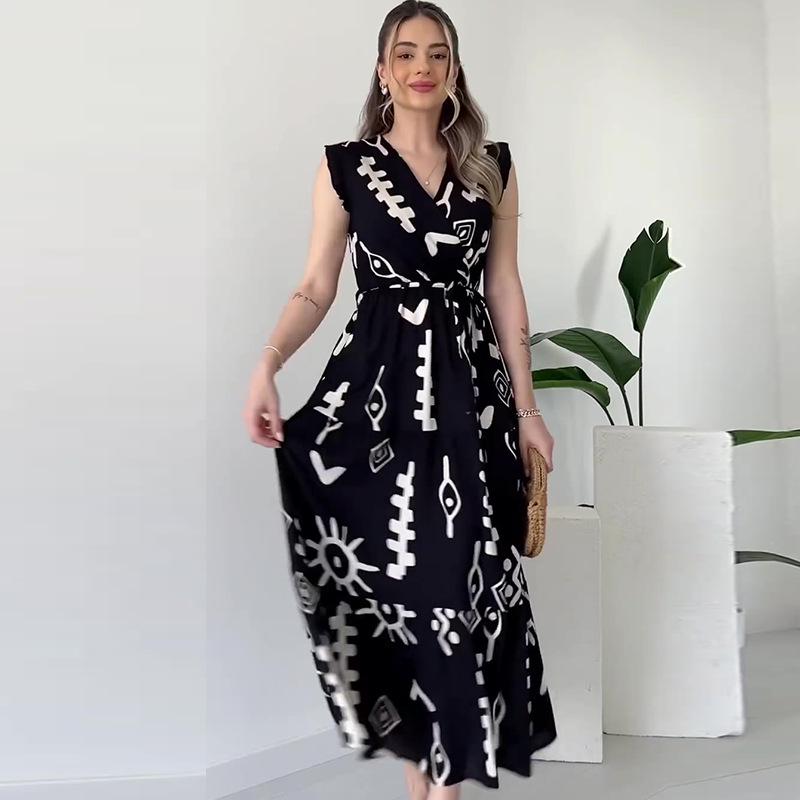 2024 Summer V-Neck Sleeveless Women's Waist-Tie Print Long Dress