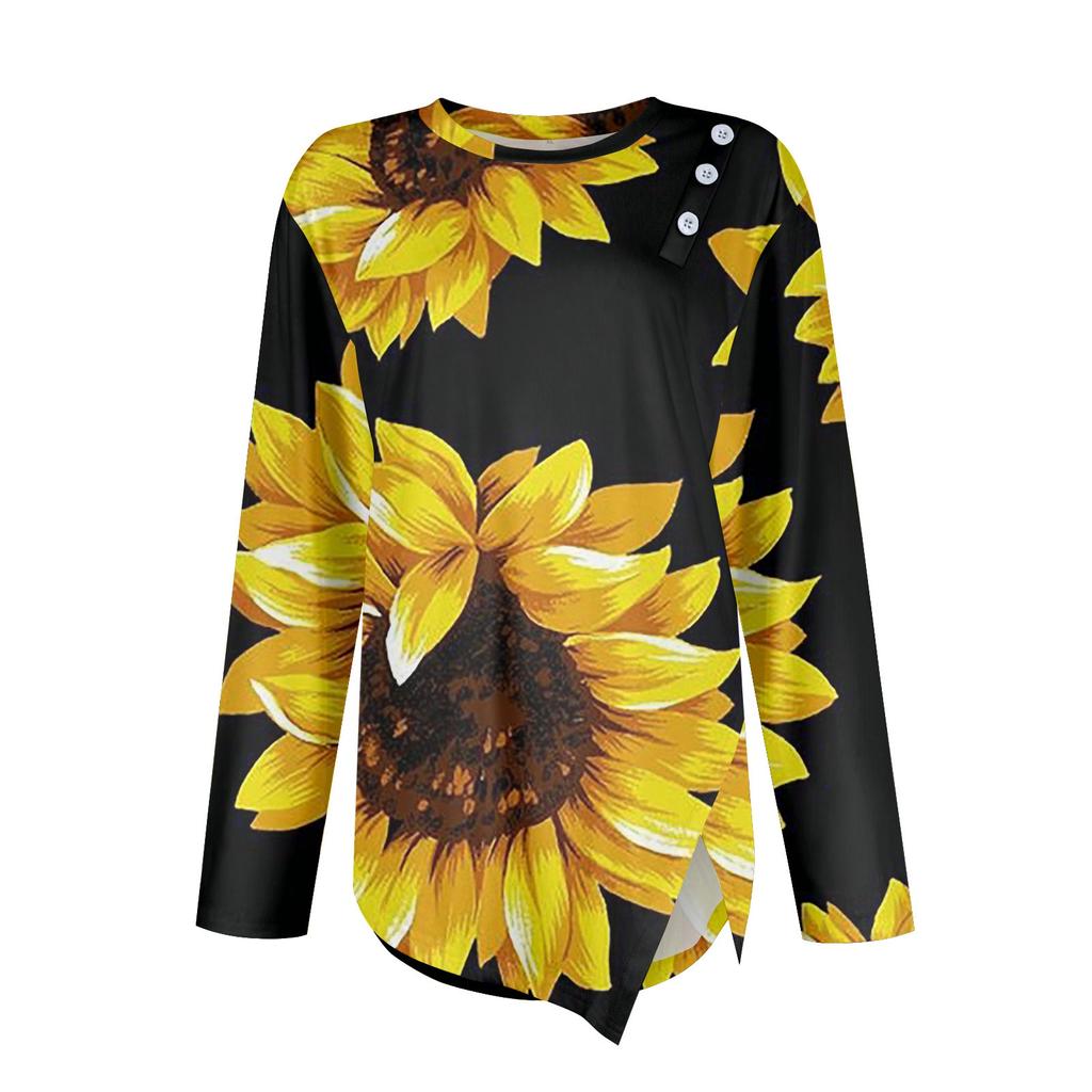 Button Detail Curvy Hem T-shirt, Long  Sleeve Round Neck Flower Printing Casual Top, Women's Clothing