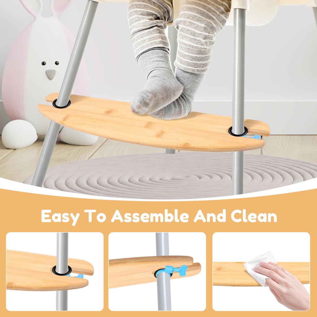 2Pcs Bamboo High Chair Foot Rest Height Adjustable High Chair Footrest with 2 Rubber Rings and Fixing Rings for High Chair