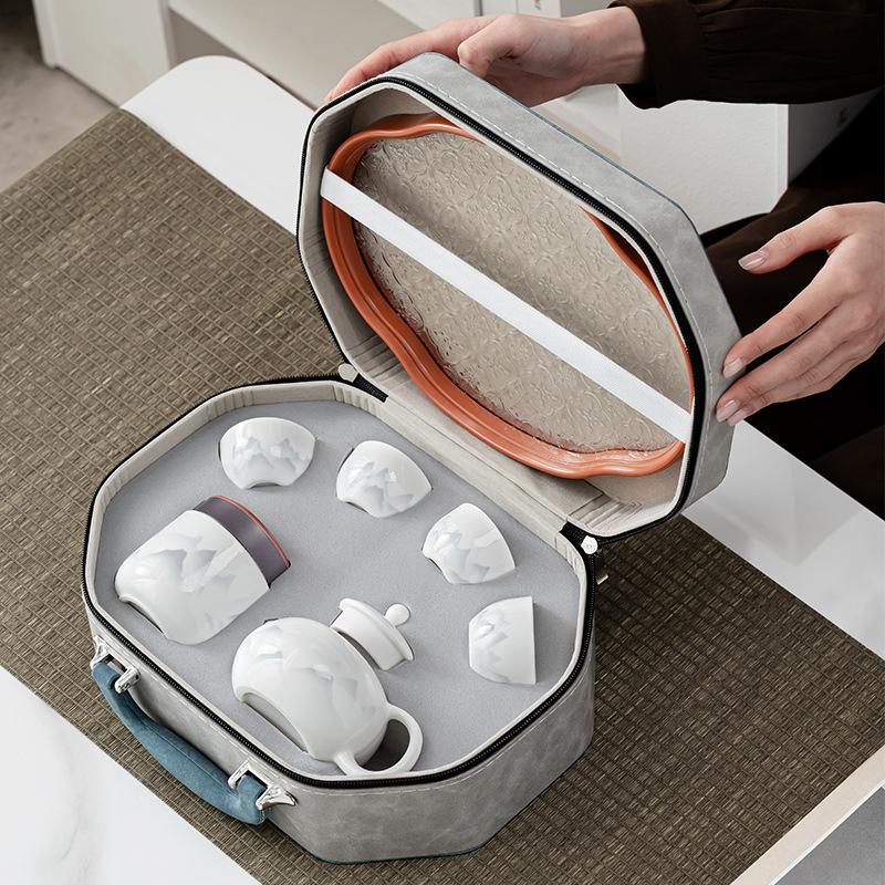 Travel tea set, high-end Dehua suet jade ink landscape with tea tray, high-end business set
