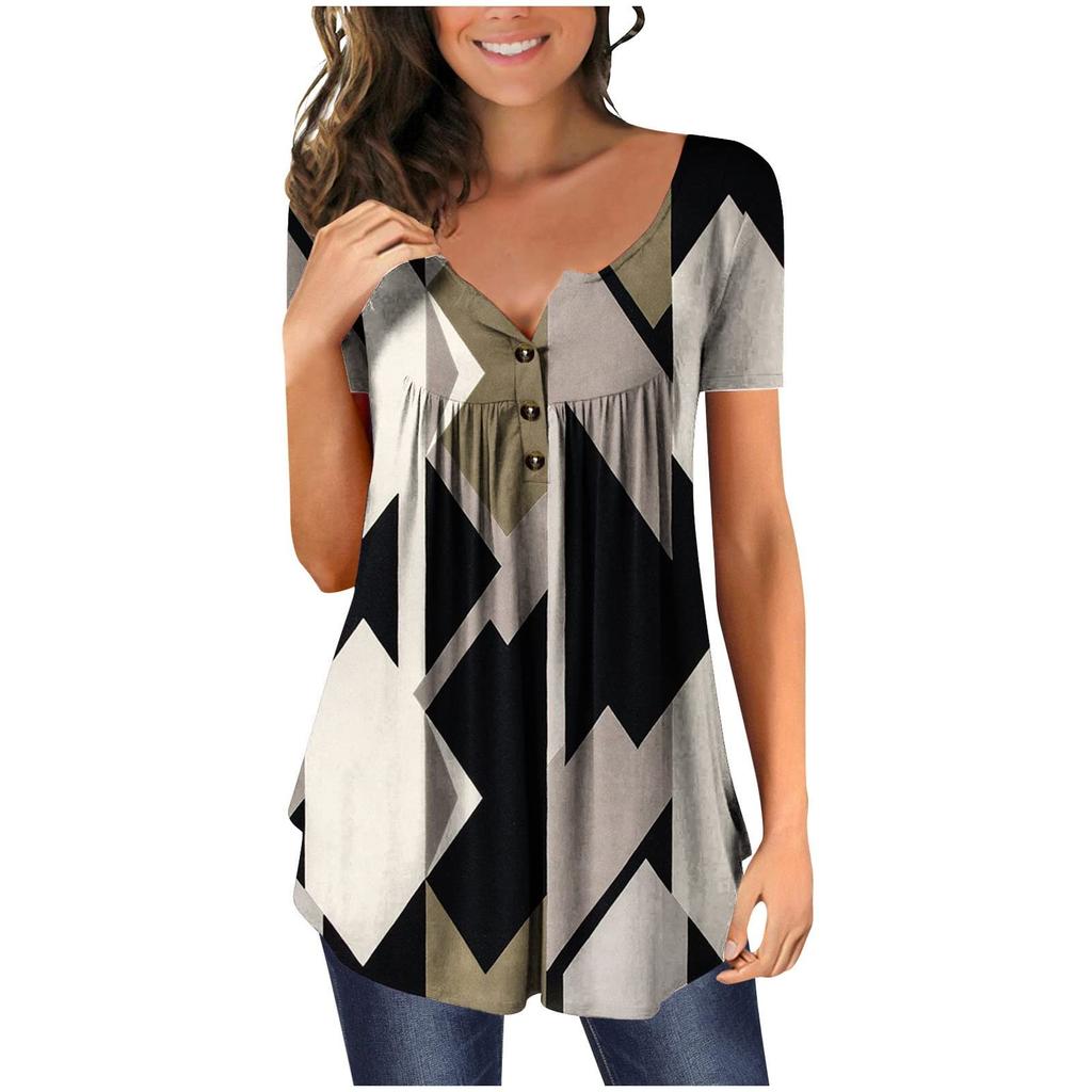 Women's V-Neck Color Block Patchwork Printed Button Flower Short Sleeve T-shirt Top