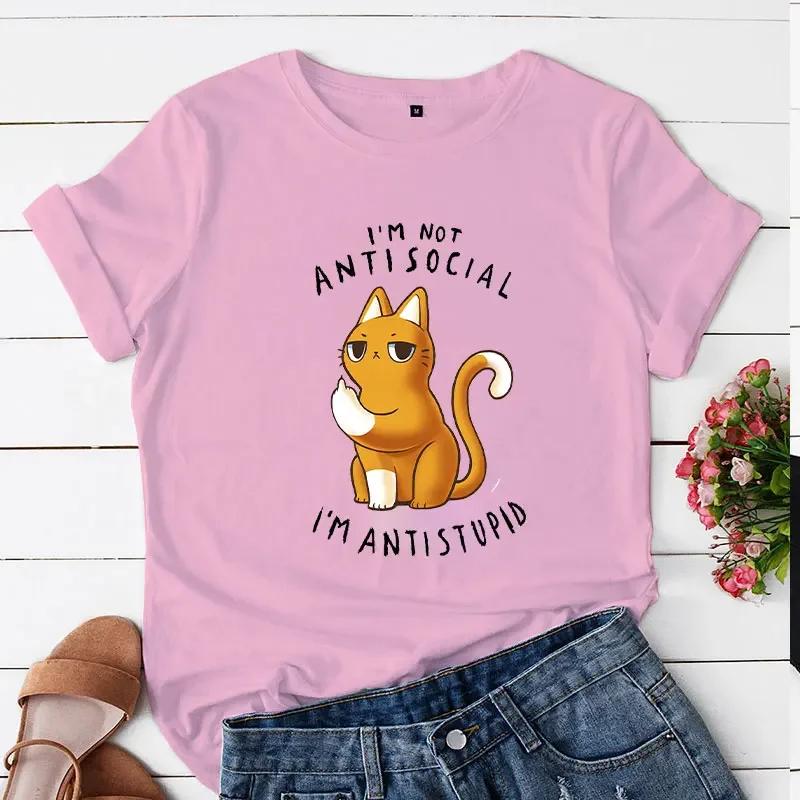 Lässige T-Shirts Damen Ich bin nicht asozial Ich bin antidumm Ästhetischer Trend Sommer Damenkleidung T-Shirt Oberteile Unisex Katze Cartoon T-Shirt