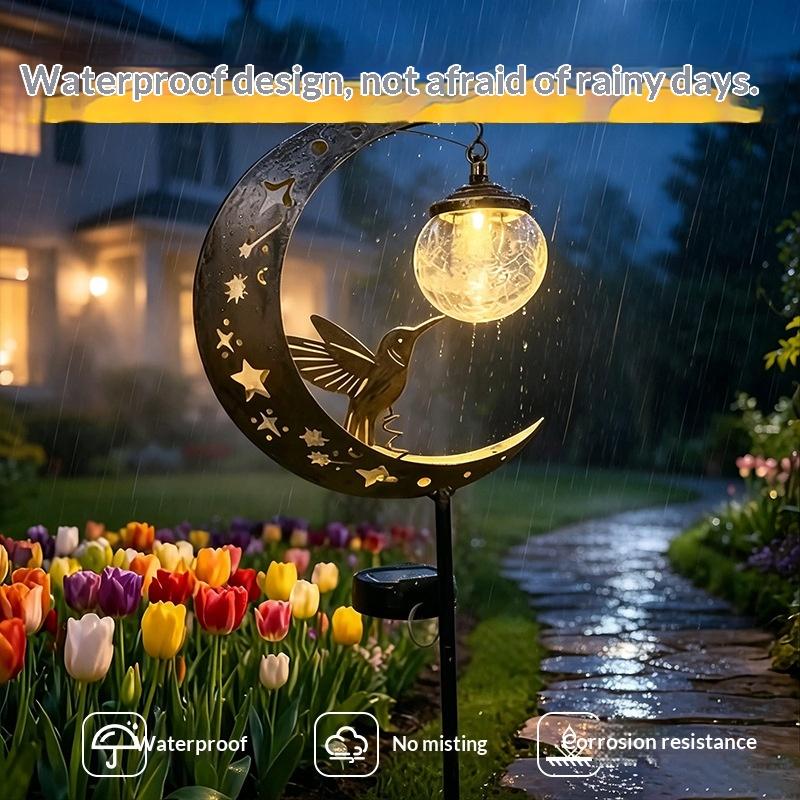 Solar Lawn Stake Light Glass Moon Hummingbird Pattern Soft Glow Outdoor Lamp for Courtyard Landscape Decor
