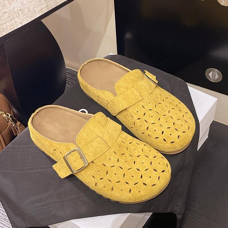 Baotou slippers women's 2025 summer new imitation cowhide hollow hole shoes trendy and comfortable flat slippers