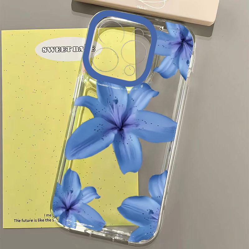 Elegant Blue Flower Lily Print Phone Case For Samsung Galaxy A36 A33 A55 A34 S25 Ultra S24 FE S23 S22 S21 Plus Soft Clear Cover