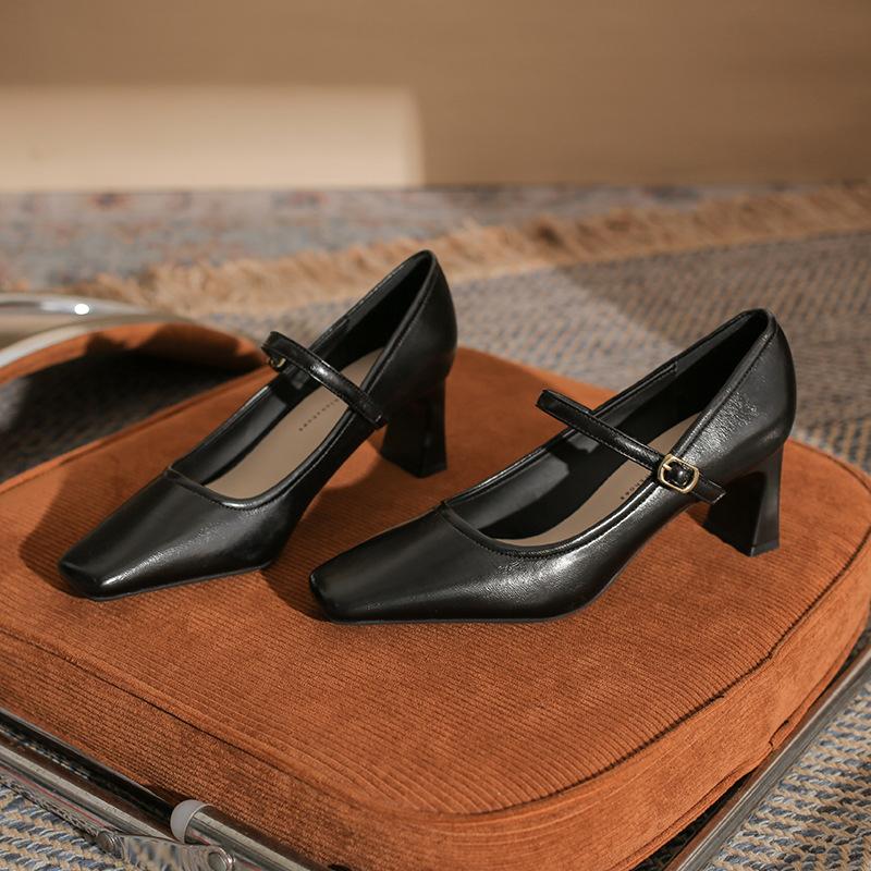 Fashion High Heels Thick Heel New Square Head Word with Versatile Mary Jane Shallow Mouth Single Shoes Women