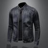 Spring 2020 Men's Dark Blue Retro Motorcycle Denim Jacket with Stand Collar and Zipper