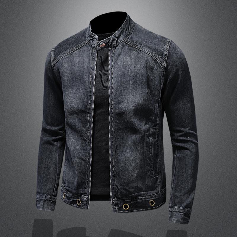 Spring 2020 Men's Dark Blue Retro Motorcycle Denim Jacket with Stand Collar and Zipper