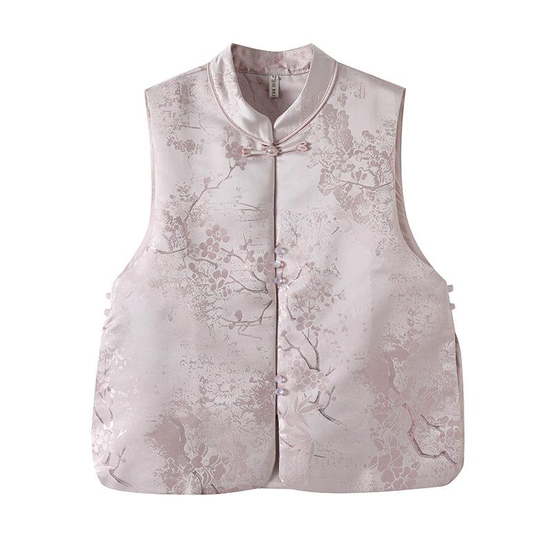 

2025 ранняя весна жаккардовый жилет с воротником-стойкой и застежкой-пуговицей, темпераментный, высококлассный, универсальный топ розового цвета XXXL [Recommended 138-75kg]