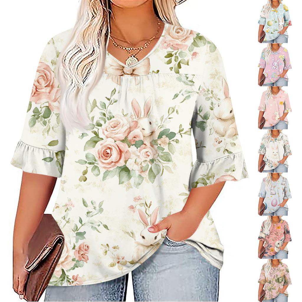 Women's Fashion Casual Easter Printed V-Neck Seven Minute Sleeve Ruffle Sleeve T-Shirt Tops Plus Size Women's