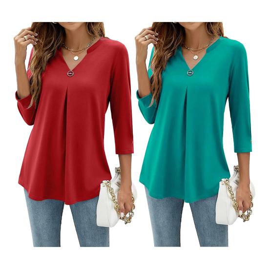 Tricou de damă cu gât în V, mâneci 3/4, croială lejeră, respirabil, culoare uni, cu pliuri, lungime medie, topuri pentru purtare zilnică