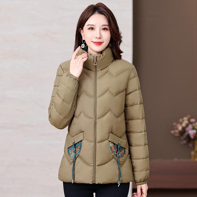 Middle-aged and Old Young Thin Cotton Jacket for Women Short Mother Autumn and Winter New Embroidered Stand-up Sewn Cotton Jacket