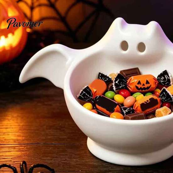 Festive Home Party Decor Halloween Candy Bowl, Bat Shape Ceramic Serving Dish, Cute Ghost Shaped Snack Holder Tabletop Decoration for Snacks