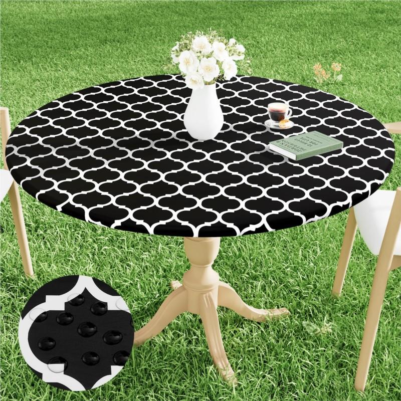 Homaxy New Round Tablecloth 1 PCS PEVA Material Wipeable Flannel Backed Vinyl Tablecloths Waterproof Elastic Fitted Table Covers