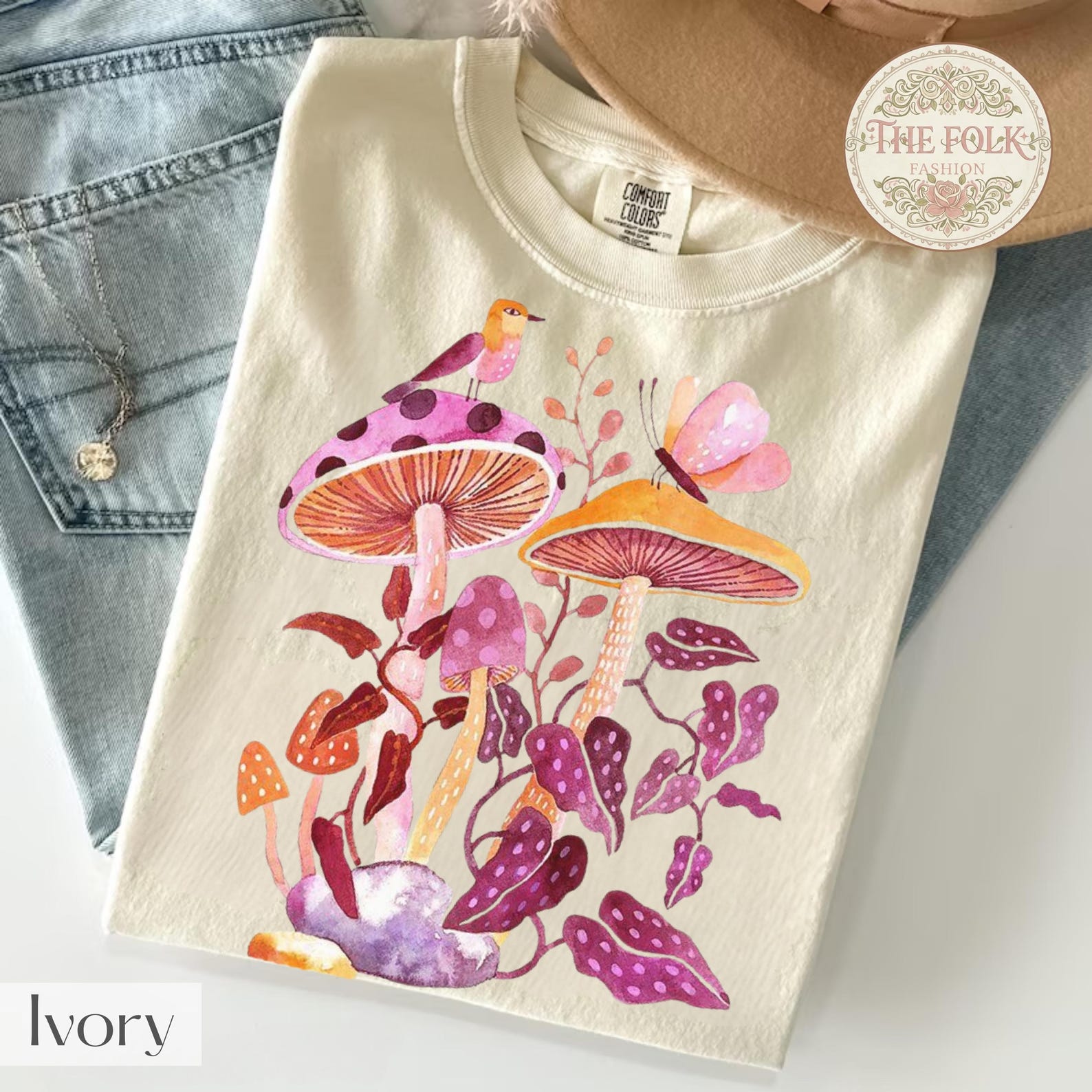 Mushroom Comfort Colors Shirt, Watercolor Fungi T-Shirt, Cottagecore Clothes, Bird and Butterfly Graphic Tee, Vintage Fairycore Shirt 3XL