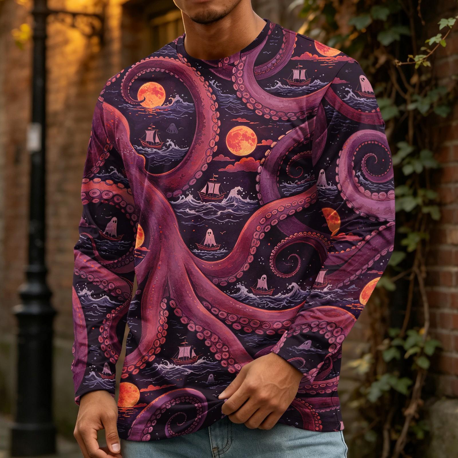 Men s Halloween Printed Long Sleeve Crewneck T-Shirt L