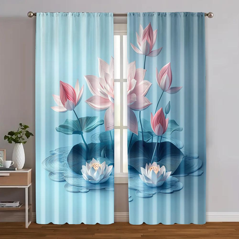 2pcs   Print Curtains 2D print light blue lotus Polyester (without rod) All Seasons for Bedroom   Living Room
