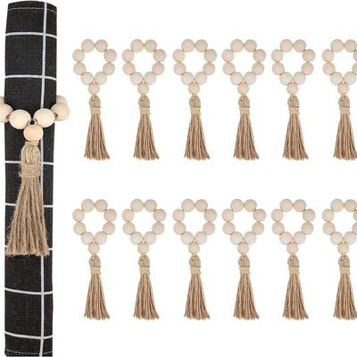Pastoral Wood Bead Fringed Napkin Ring Elastic Napkin Buckle Adjustable Hand-Woven Hemp Rope Napkin Ring