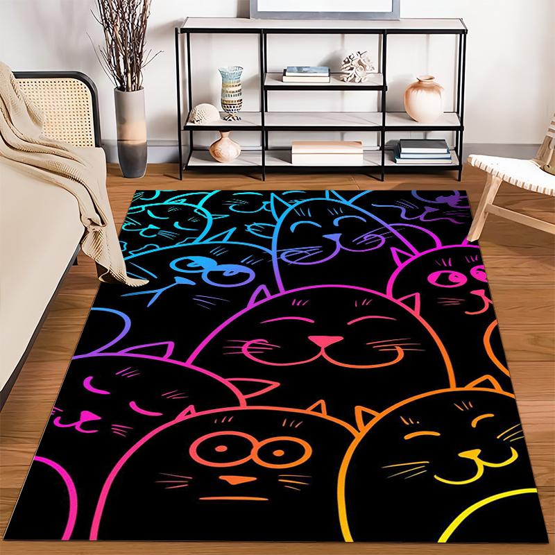 Colorful Neon Cats Pattern on Black Background Carpet1Cute Cartoon Cat Faces Design Suitable for use as an anti-slip1 for1room and bedroom sofas