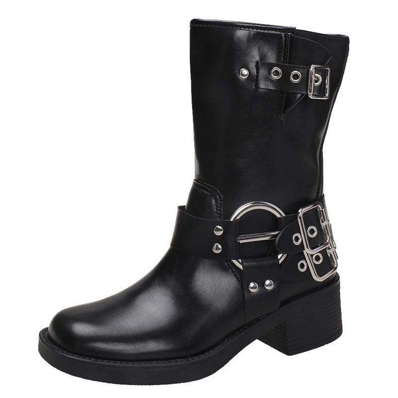 2025 braune Lederstiefel Britischer Stil dicker Absatz Retro Martin Stiefel Damen Sommer Frühling und Herbst Ritterstiefel Cowboy Western neu