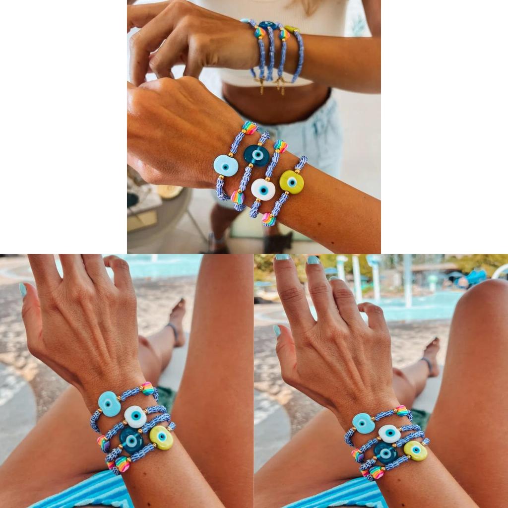 Demon Eye Bead Bracelet Set With Glass Geometric Design For Women Gift