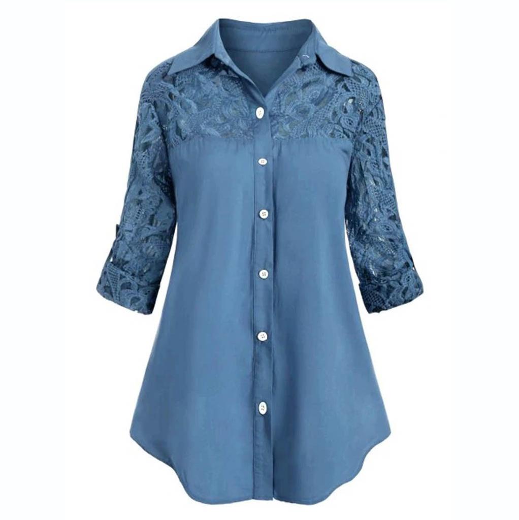Women Ladies Large Size Button Lace Turn Down Collar Long Sleeve Shirt Blous