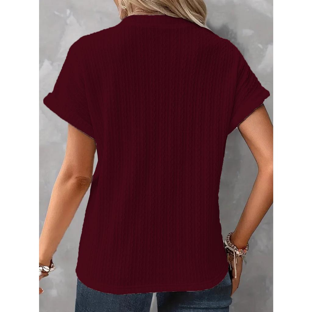 IHUASU Spring Summer Women's Fashion Casual Solid Color Button V-neck T-shirt Women