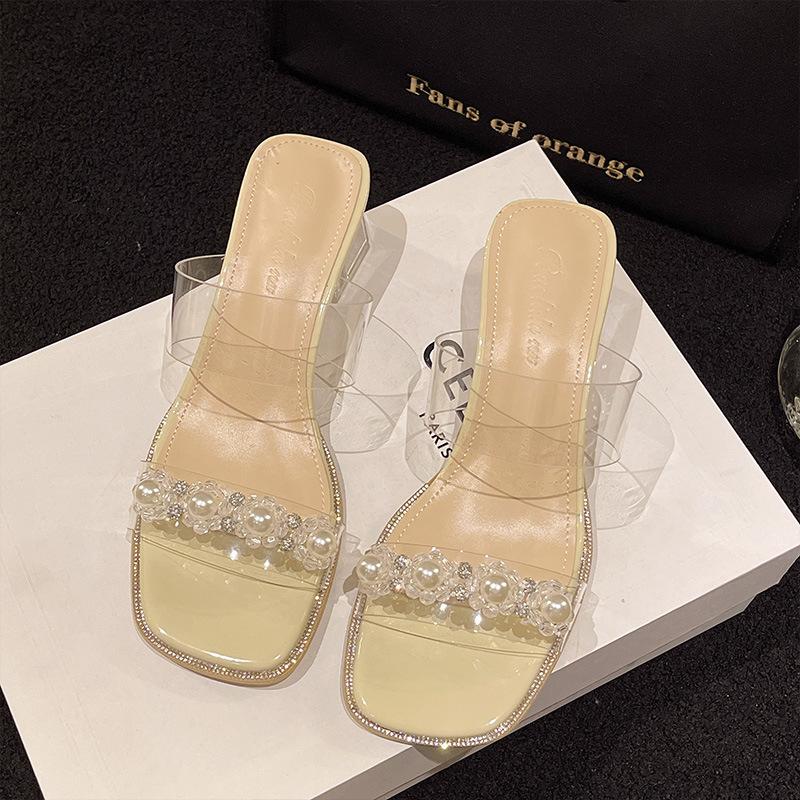 

Прозрачные сандалии женские туфли на высоком каблуке лето новые на среднем каблуке модные универсальные на толстом каблуке носить стразы крутые шлепанцы 40 жёлтый