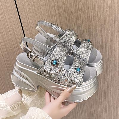 Fashion 8.5CM Chunky Platform Bling Rhine Stone Sandals Women High Heels Non-slip Slippers Wedge Sneakers Ladies Beach Summer Sandalias