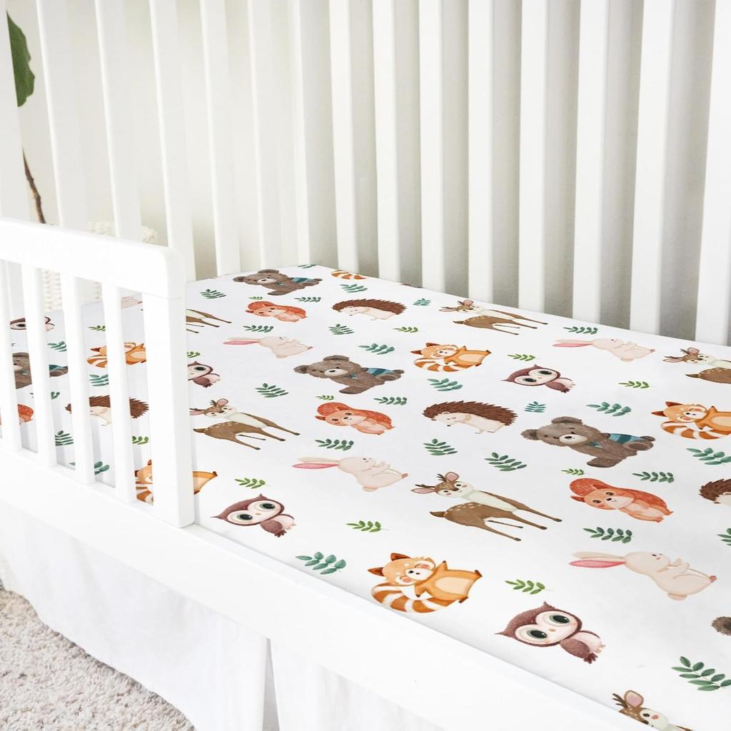 Cute Woodland Animals Leaves Baby Crib Sheet 52''x28'' Bear Raccoon Squirrel Deer Rabbit Hedgehog Owl Fitted Crib Cover for Boy Girl Nursery Crib