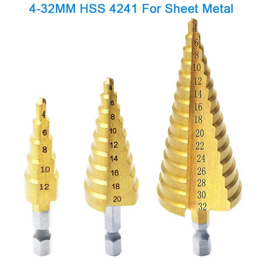3Pcs HSS Sheet Metal Tools Drill 4-12/20/32mm Hex Titanium Step Cone Car Repair