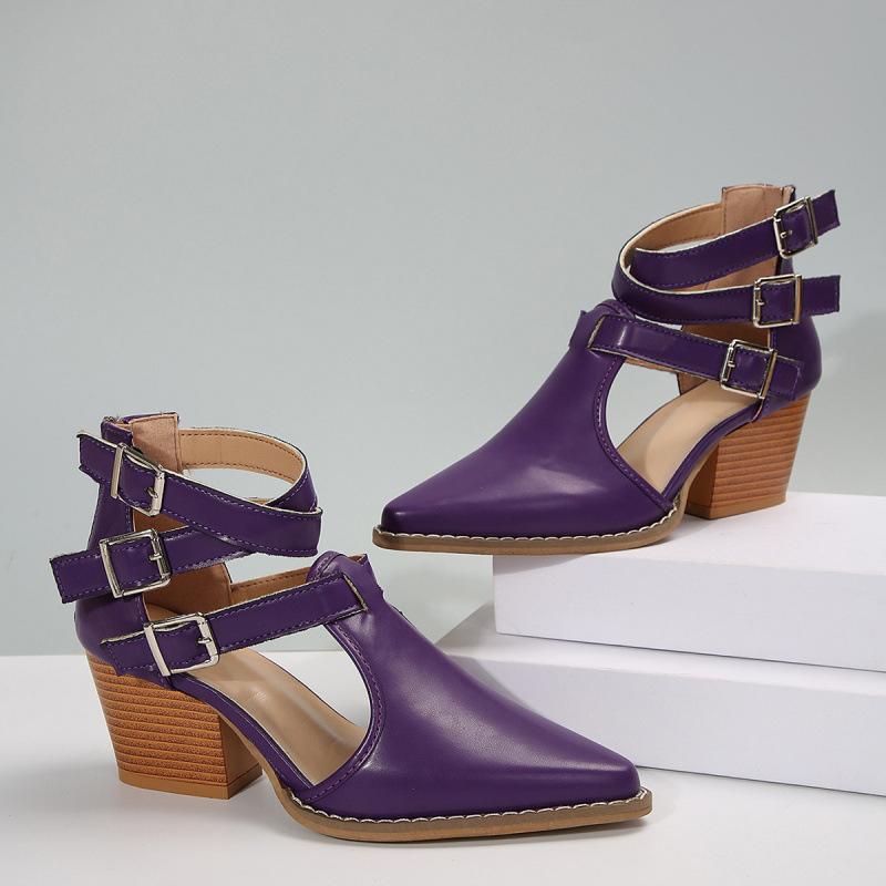 Europe, America, Autumn and Winter New High-heeled Thick-heeled Pointed Retro Belt Buckle Roman Cool Boots Leather Boots Single Boots Large Size