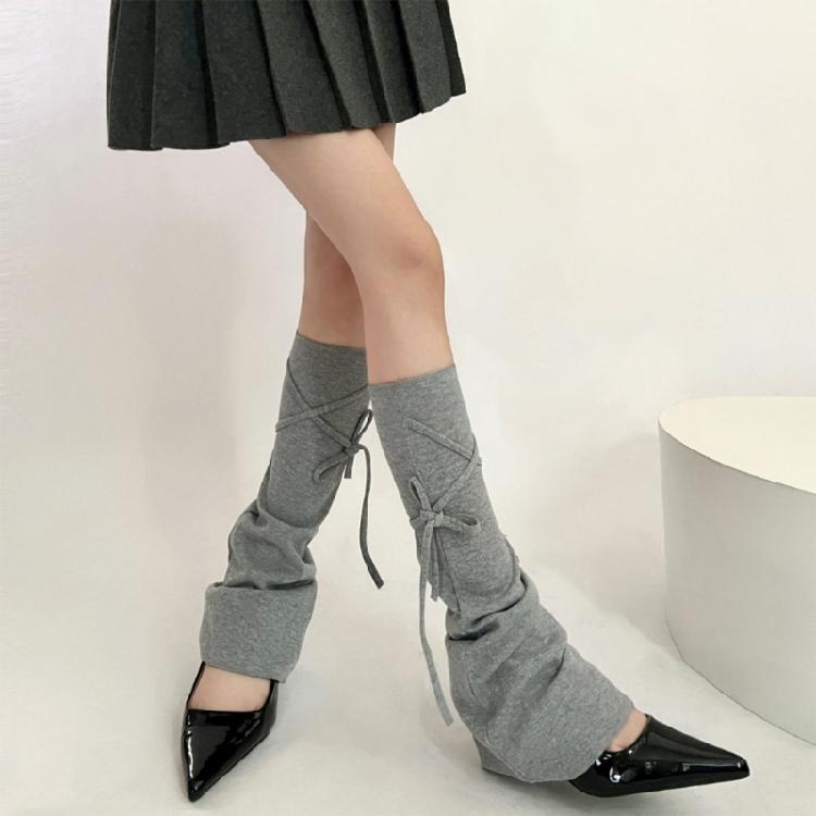 Women Harajuku Solid Color Flared Leg Warmers Lace Up Bandages Leg Sleeves Cover Footless Wide Leg Long Socks Streetwear