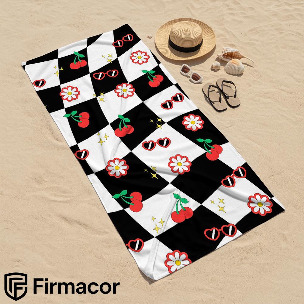 Checker Cherry Daisy Microfiber Beach Towel Quick Dry Sand Free Oversized Soft Absorbent Bath Towel for Swimming Pool Travel Gym