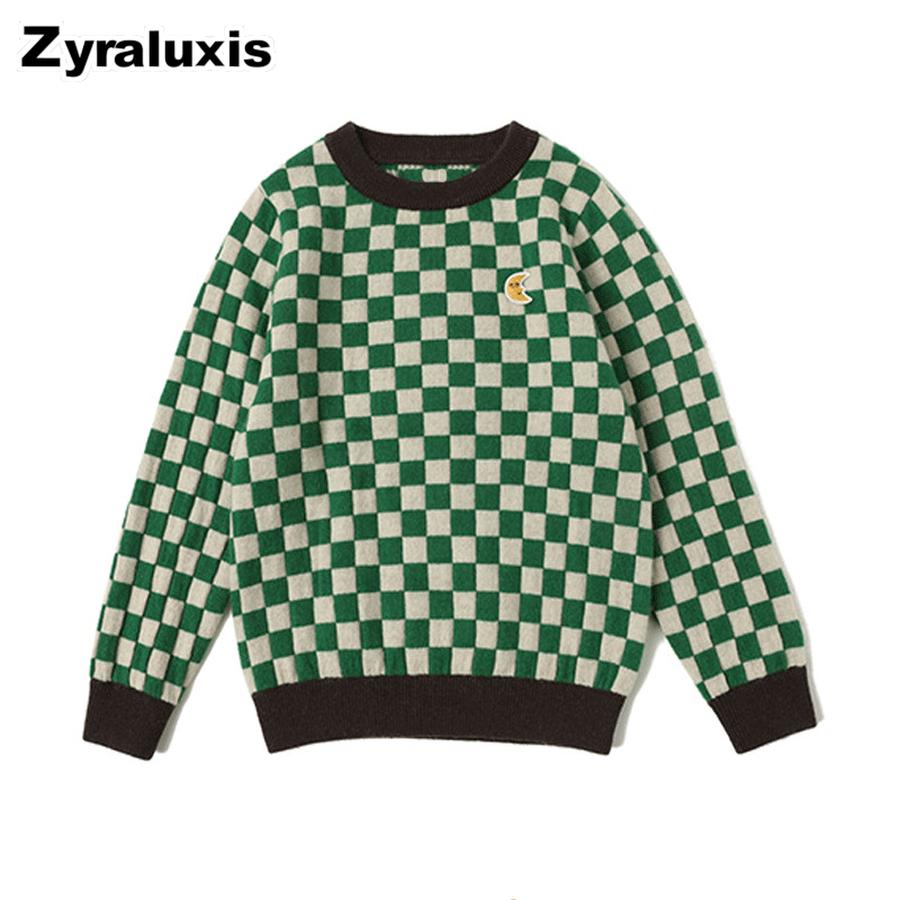 Autumn Korean Retro Checkered Knit Sweater Women s Boutique Loose Lazy College Style Knit Outerwear Versatile Color Block One Size