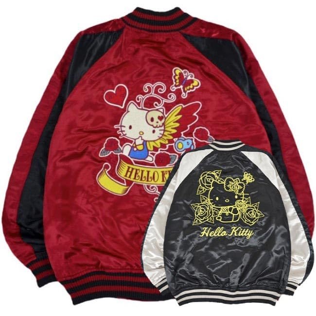 

Hello Kitty Sukajan Black and LL [Yoshida Yu] Outerwear, Reversible, Embroidered, 2-Way, Silver, чорний