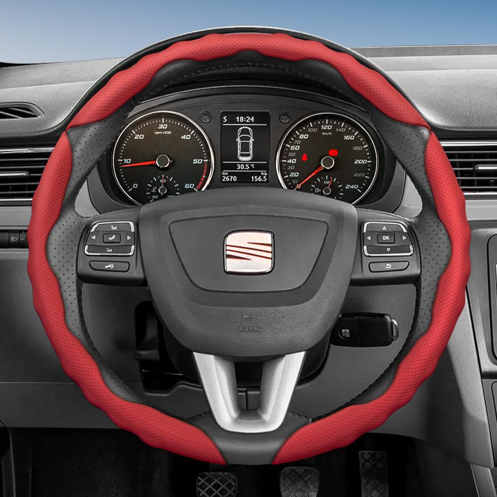 Suitable for Seat Steering Wheel Cover, Wave-Shaped Sporty Design, Breathable Leather, Segmented Anti-Slip Sweat-Absorbing Protective