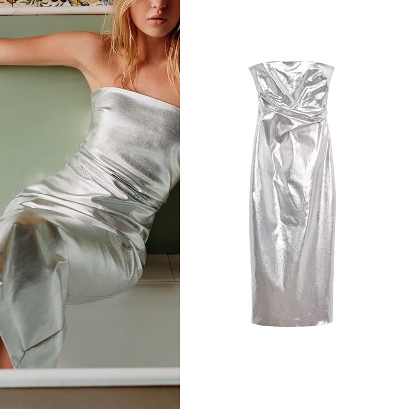 Spring New Arrival Strapless Straight Collar Silm Slim Looking Bodycon Dress Metal Series Tube Top Dress 3152390