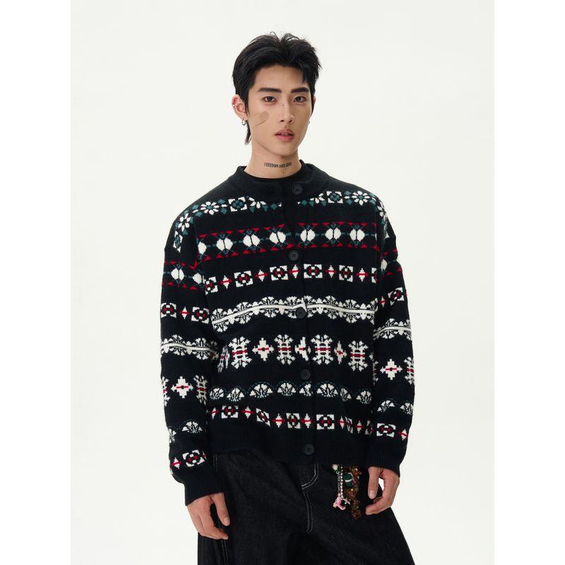 Kisko American Retro Fair Isle Jacquard Lazy Cardigan Sweater for Men and Women, Niche Relaxed Knitwear for Couples