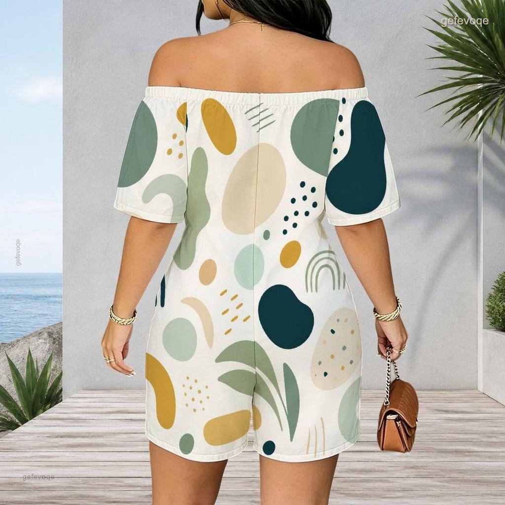 Women Plus Size Off Shoulder Short Sleeve Romper Retro Leopard Animal Print Casual Jumpsuit Shorts