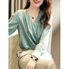 Satin Elegant Buttons Ruffled Office Lady Party Blouse Shirt Fashion Autumn Solid Long Sleeve V-neck Pullover Tops Women Blusas
