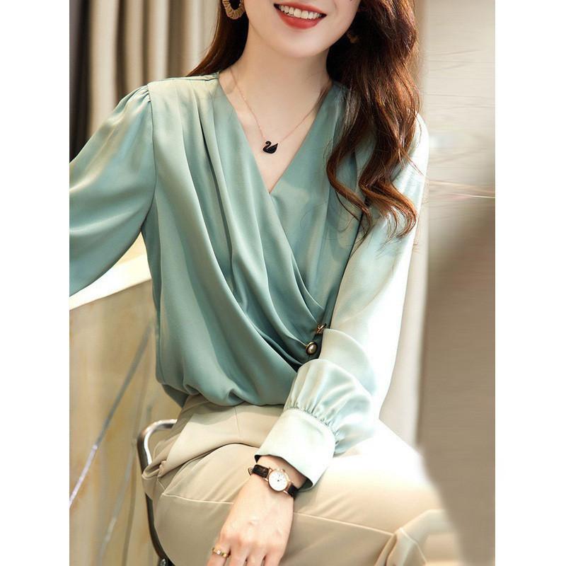 Satin Elegant Buttons Ruffled Office Lady Party Blouse Shirt Fashion Autumn Solid Long Sleeve V-neck Pullover Tops Women Blusas