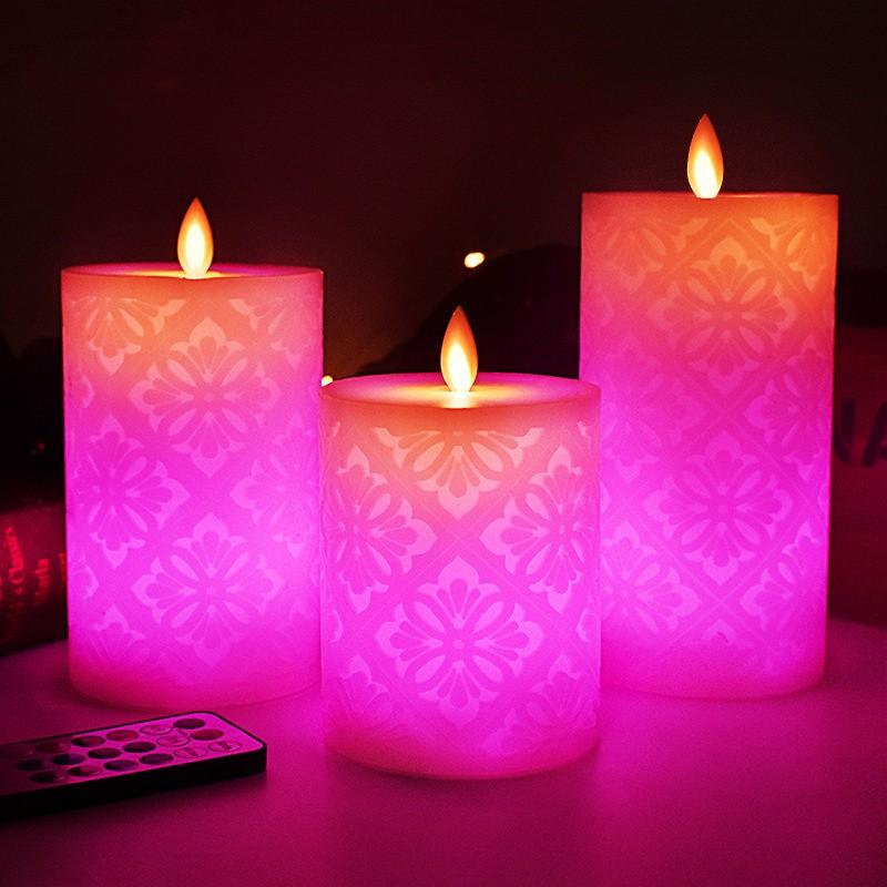 3-Pack Colorful LED Candle Colorful Hollow Pattern Electronic Candle 10 12.5 15cm for Home Wedding Hotel Decoration LED Candle