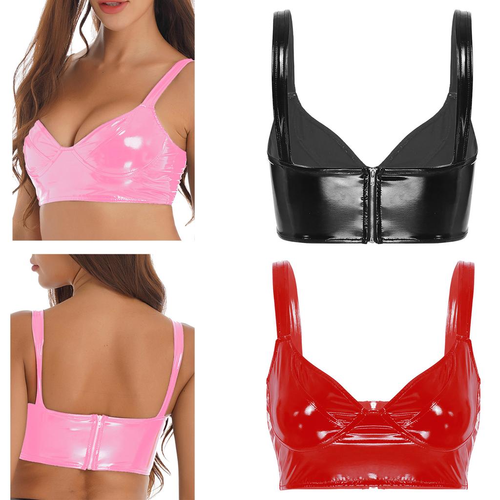 Dámská lesklá lakovaná podprsenka s výstřihem do V Top Široká ramenní ramínka Party Clubwear Topy Rave