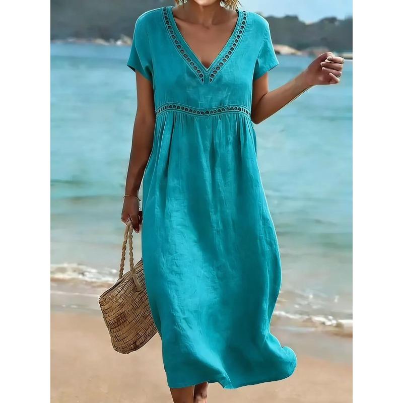BITCED Fashion Summer Spring Solid Color Print  V-Neck Short Sleeve Casual Dresses